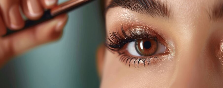 Close-up of a woman's eye with glitter eyeshadow and long eyelashes