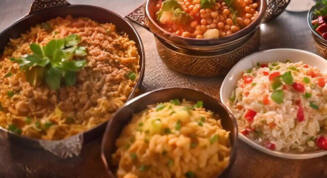 Arabic cuisine features kabsa, hummus, and tabbouleh. Traditional Middle Eastern rice and meat dish