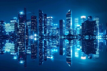 Urban Nightscape: Glowing City Skyline with Reflections on Water