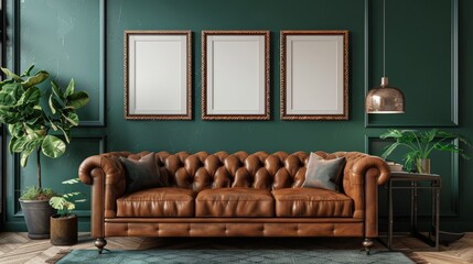 Three vertical wooden frame mockup in dark green home interior with brown leather sofa and decor