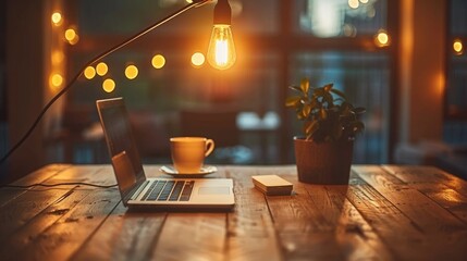 vintage Office Workspace with Hand Adjusting Desk Lamp, MacBook, and Coffee Cup