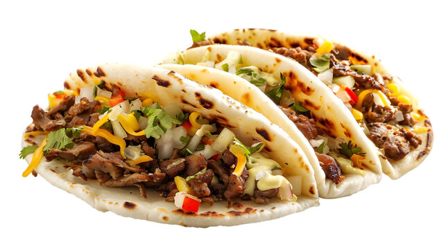  A delightful trio of chicken, cheese, and beef arepas placed side by side, each cut open to showcase their fillings, isolated on a transparent background 