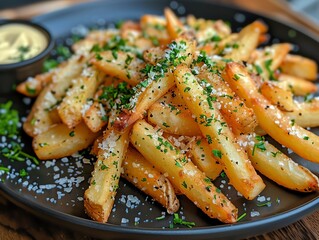 Truffle Parmesan fries with a sprinkle of parsley, served on a stylish black plate with a side of aioli