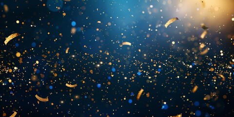 Golden confetti with bokeh effect on a dark blue background, perfect for festive and celebratory themes.