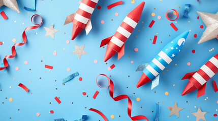 Obraz premium Colorful festive rockets and stars on a blue background with confetti