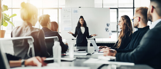 A professional business meeting in a bright room with a woman presenting to colleagues seated at a table, highlighting teamwork and communication. Generative AI
