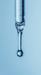 Close-up of liquid in a dropper with air bubbles on a blue background. Science and laboratory equipment concept