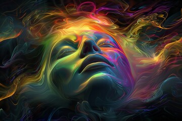 Obraz premium Vibrant Abstract Portrait with Colorful Swirls and a Serene Expression