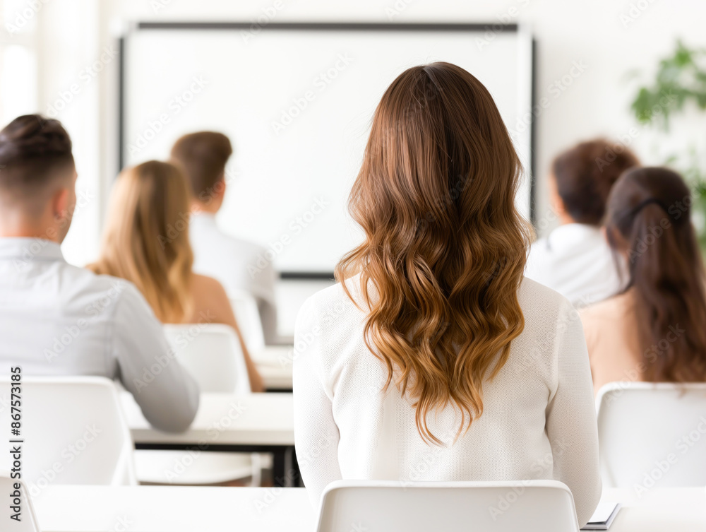 Poster a group of people in a seminar, seen from the back, focusing on a presenter with whiteboard in the b