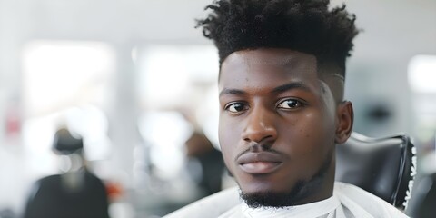 Barber uses clippers to trim young unshaven black mans hair in shop. Concept Barber Shop, Haircut, Clippers, Grooming, Young Man