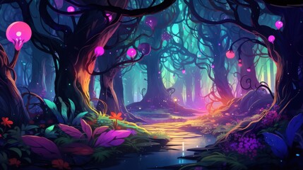 Fototapeta premium Magical Enchanted Forest with Glowing Plants and a Winding Stream, Fantasy Landscape Illustration