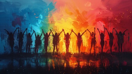 Fototapeta premium Silhouettes of Joyful Women Dancing Against a Vibrant Watercolor Sunset. Generative AI