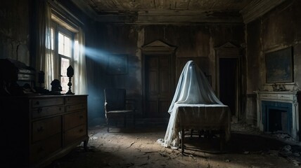 Obraz premium Ghostly figure draped in white fabric floats near table in dilapidated house with dust-covered furniture and fireplace. Sunlight streams through window, illuminating scene. Halloween concept