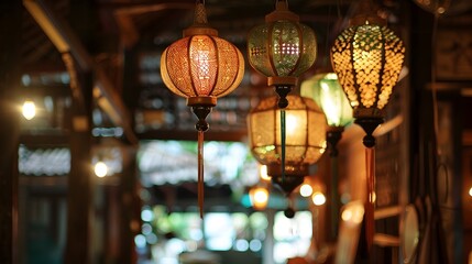 Fototapeta premium Antique Thai Lanterns Hanging in a Dimly Lit Elegant Interior