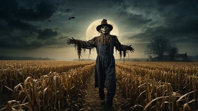 Creepy scarecrow with grinning face stands in cornfield under full moon. Sky is dark and cloudy, with few birds flying overhead. Halloween concept