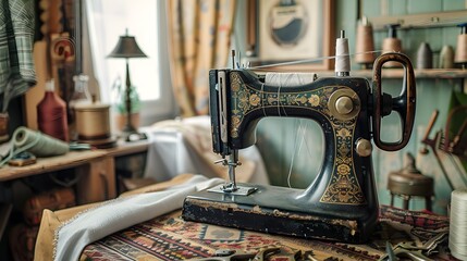 Cozy Vintage Sewing Station with Sewing Machine Fabric and Sewing Tools