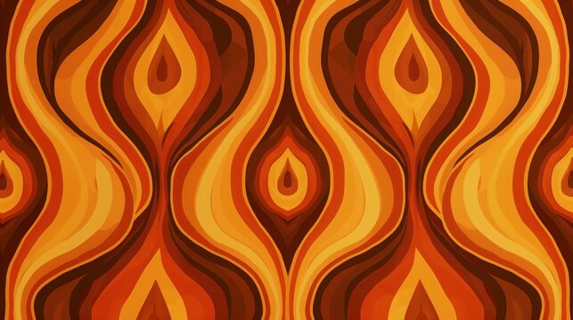 Retro 70s pattern in shades of orange with swirling, wavy lines and abstract shapes, close-up view