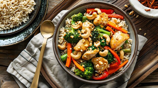 Delectable Thai Inspired Chicken Vegetable Stir Fry with Cashew Nuts and Brown Rice
