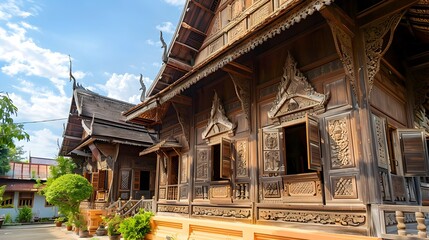 Exquisitely Carved Traditional Thai Wooden House in Natural Setting