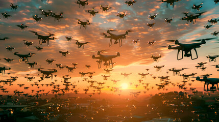 Mass of drones flying in coordination on a sunset sky background. Drone swarm technologies.
