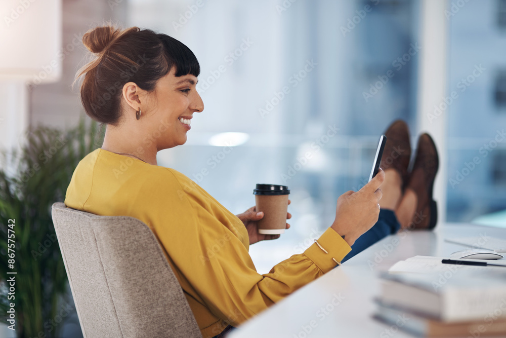 Poster Phone, office and business woman with coffee at desk for social media, website and research. Creative, professional and person on smartphone in workplace with beverage, caffeine and tea on break