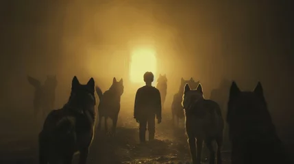 Silhouette of a boy and a pack of ferocious dogs, surreal concept with ethereal lighting and an intense, dreamlike atmosphere © Saranpong