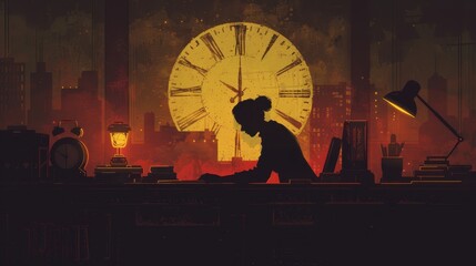 Silhouette of a person at a cluttered desk with a clock showing late hours, vintage scifi theme with a retrofuturistic background and muted tones