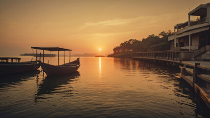 Fototapeta premium Beautiful, colorful sunset, sunrise over a landscape. Twilight rays and clouds reflected in the calm water.