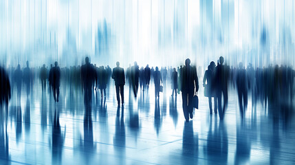 Fototapeta premium Silhouettes of people in motion blurred movement on a blue, artistic background representing urban life as a creative concept. Generative AI
