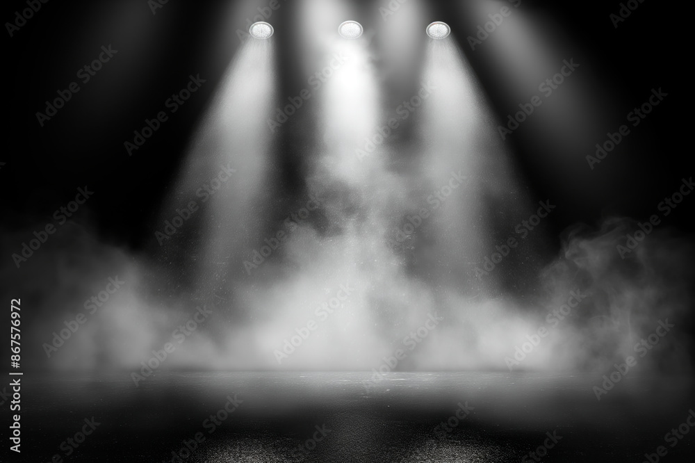 Poster spotlights with smoke effects on a stage-like setting, with a monochrome color scheme on a dark back