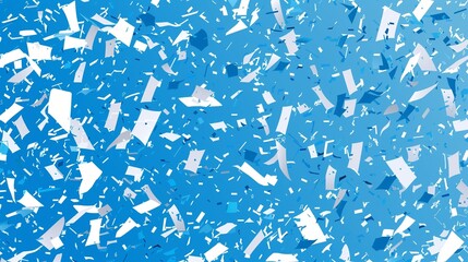 Chaotic Scene of Floating Paper Pieces Against a Blue Background