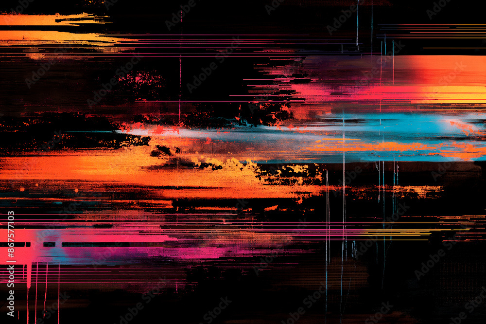 Poster abstract digital artwork with streaks and glitches, featuring black and orange dominant colors, conv