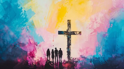 Silhouetted family standing near a cross, colorful abstract background. Spiritual and faith concept