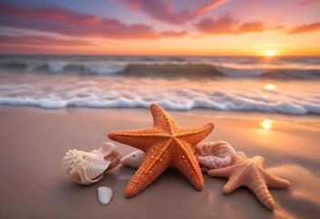 Fototapeta na wymiar A starfish and seashell on a beach at sunset, with the ocean waves in the background and a warm, colorful sky reflected in the water