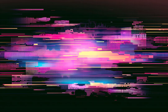 Abstract digital artwork with a glitch effect on a dark background, in shades of pink and blue, conveying a futuristic concept. Generative AI