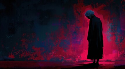 Silhouette of an old woman with a menacing posture, vibrant colors with a neondrenched background, emphasizing her sinister presence