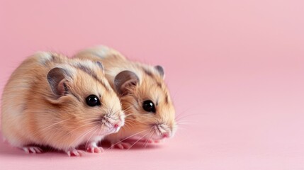 Two dwarf hamsters on pink background with space for text