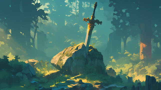 Illustration sword stuck in a stone
