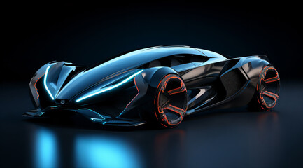 Obraz premium a futuristic car is shown in a dark room with a blue light coming from it's side and a red light coming from the top