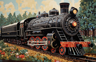 a painting of a train on a train track with trees and bushes in the background and a sky with clouds