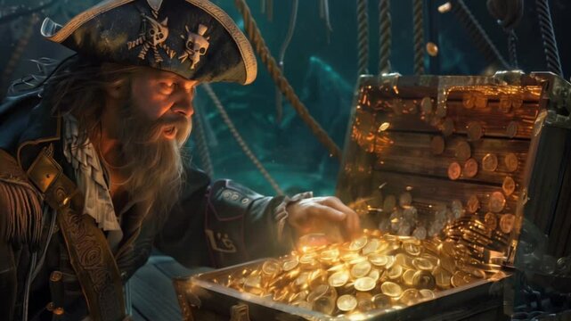 pirate with a chest of gold coins, pirate treasure