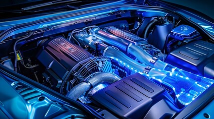 Futuristic Hydrogen Car Engine Bay with Innovative LED Lighting Design