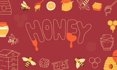 Honey and bees outline banner with hand drawn elements