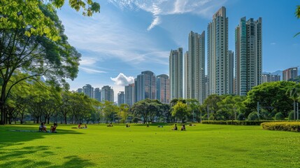 Serene city park with lush green grass and trees, surrounded by towering skyscrapers under a clear blue sky.