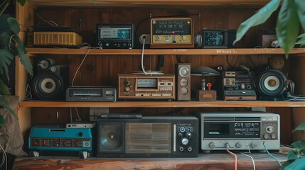 Obraz premium Retro Thai Radio and Vintage Electronics on Wooden Shelf with Nostalgic Vibe