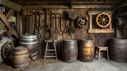 Naklejka premium Rustic Barn with Vintage Farming Implements and Wooden Barrels in Countryside Landscape
