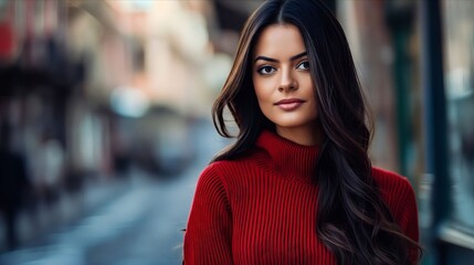 Fototapeta premium A beautiful woman in a red sweater standing in crowded street.