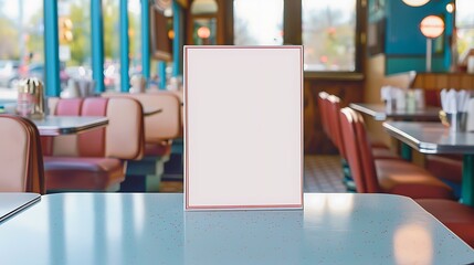 Retro diner blank menu frame on a characteristic formica table, imbued with a vintage charm.