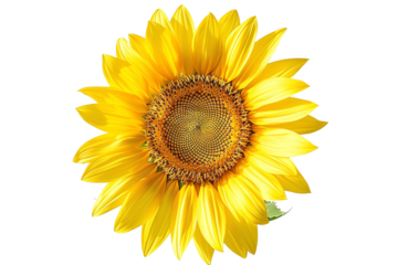 Bright and beautiful yellow sunflower in full bloom, showcasing vibrant petals and intricate seed pattern against a white background.
