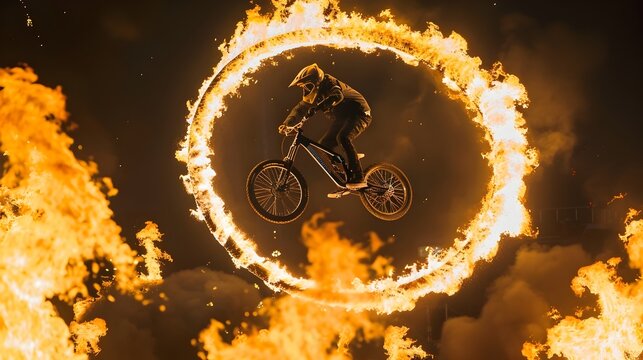 Stuntman Performing Fiery Bike Jump Through Elevated Ring in Extreme Sports Stunt